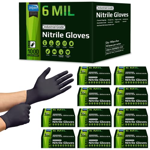 Inspire HEAVY DUTY ORIGINAL Stretch Nitrile Black Gloves Disposable Latex Free | Food, Mechanic, 6mil Black or 8 Mil Orange - size: Large, style: 6mil Black