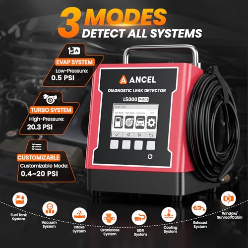 ANCEL L5000 PRO EVAP Turbo Smoke Machine Automotive Leak Detector – Smoke Tester Adds Pressure Decay & Vacuum Test for All Systems, Built-in Pump, 0.4-20 PSI, LCD Screen, Detects Micro to Major Leaks - color: Red