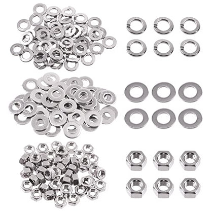 Swpeet 150Pcs Metric 304 Stainless Steel M5 Hex Nuts and M5 Flat Washers with Split Lock Washers Assortment Kit, Coarse Thread Hexagon Nut for Home Automotive Shop Use - size: M5 Hex Nuts & Washers