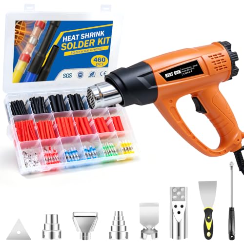 460PCS Waterproof Solder Seal Wire Connectors & 3:1 Heat Shrink Tubing with 1800W Heat Gun Kit 122℉~1202℉ Variable Temp 1.5S Fast Heating Overheat Protection for Auto Marine & Wiring Repair 10-26 AWG - size: 460pcs