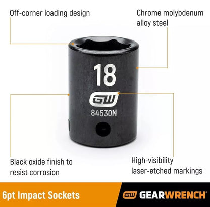 GEARWRENCH 12 Pc. 1/2" Drive 6 Pt. Standard Impact Socket Set, SAE - 84931N - size: 1/2", style: 12-piece kit