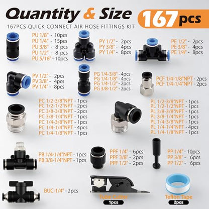 167 Pcs Push to Connect Air Hose Fitting Kit, 1/8“ 1/4" 5/16" 3/8" 1/2" NPT Pneumatic Fittings, Straight Elbow Tee Union Reducer with Storage Case & Tool - size: 167PCS Blue