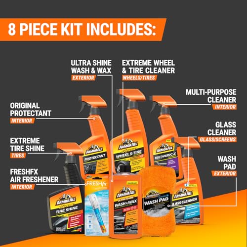Armor All Premier Car Care Kit, Includes Car Wax & Wash Kit, Glass Cleaner, Car Air Freshener, Tire & Wheel Cleaner (8 Piece Kit) - style: Premier Car Care Kit 8pc