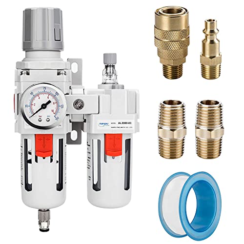 NANPU 3/8" NPT Air Filter Regulator Lubricator Combo, Water Separator | 5-micron brass filter, 0-150 psi gauge, poly bowl, semi-auto drain, 60 SCFM, helps protect tools from moisture and debris. - size: 3/8" NPT, style: Semi-Auto Drain, Metal Coupler & Pl