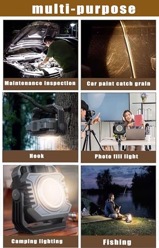 COB Work Light Rechargeable Magnetic Work Lights 1500LM with Stepless Dimming Flashlights Waterproof 360°Foldable COB Flood Light for Camping, Fishing, Car Repair, Hiking,Garage,Job Site Lighting