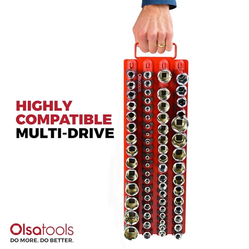 Olsa Tools Socket Organizer Tray - Portable Red Rail with Black Clips - Stores 80 Sockets Securely - Professional-Grade Socket Holder - Part 1047 - color: Red Tray/Black Clips