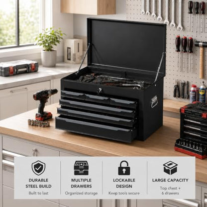 ARNOT Large Metal Tool Box, Tool Box with 6 Drawers & Top Tray, Heavy-Duty Steel Tool Chest with Auto-Locking Drawers and Side Handles for Garage & Workbench (Black) - color: Black