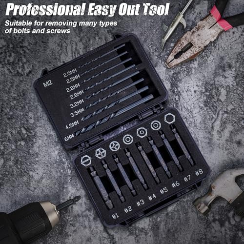 Topec 16PCS Damaged Screw Extractor Set and Left Hand Drill Bit Set, Easy Out Screw Extractor Set with Storage Case, Suitable for Remove Broken, Rusty, Stripped Screw - size: 16 Pieces