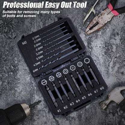 Topec 16PCS Damaged Screw Extractor Set and Left Hand Drill Bit Set, Easy Out Screw Extractor Set with Storage Case, Suitable for Remove Broken, Rusty, Stripped Screw - size: 16 Pieces