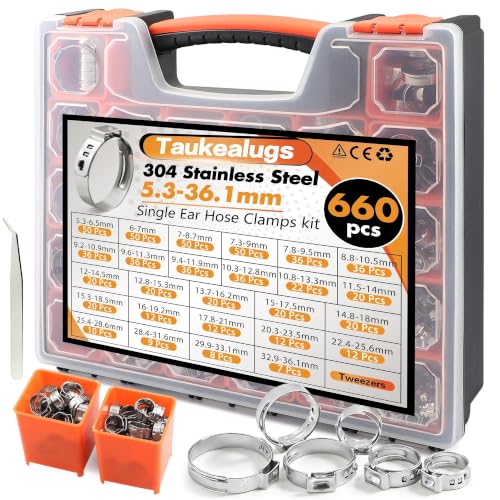 660Pcs 26 Sizes Single Ear Hose Clamps Kit,304 Stainless Steel 5.3-36.1mm Stepless Constant Tension Clamps for Fuel Line, Coolant Hose, PEX Plumbing, Irrigation & AC Hose Clamp - size: 660PCS