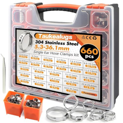 660Pcs 26 Sizes Single Ear Hose Clamps Kit,304 Stainless Steel 5.3-36.1mm Stepless Constant Tension Clamps for Fuel Line, Coolant Hose, PEX Plumbing, Irrigation & AC Hose Clamp - size: 660PCS