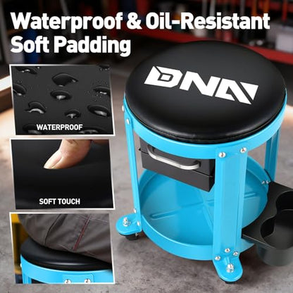 DNA Motoring Round Mechanics Roller Seat Creeper Stool with Padded Cushion, Tool Storage Drawer & Tray, 300 Lbs Max Weight Capacity, Blue, TOOLS-00492 - color: Blue