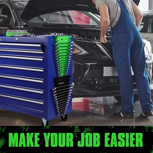 Magnetic Wrench Organizer 2-Piece, 32-Slot Drawer Storage, SAE (1/4" to 1-1/16"), Metric (6mm to 24mm), Green and Black - color: 32-Slot Green&Black