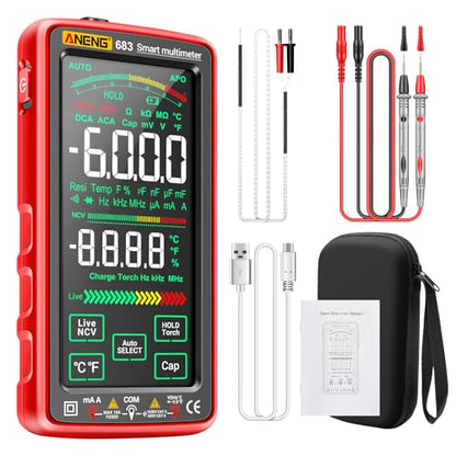 Smart Multimeter, Digital Multimeter Tester with Touch Screen 6000 Counts Auto Ranging Rechargeable A Reverse Display NCV Tester with Flashlight for Electricians, DIY (Red) - color: Red