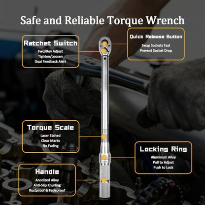 TYD 1/2 Inch Drive Click Torque Wrench, 10–110 Nm ±4% High Precision | Adjustable Torque Wrench 72-Tooth Ratchet Storage Case for Car Wheel Lug Nuts, Spark Plug, Motorcycle & Truck DIY Repair - style: TG-110(10-110NM)