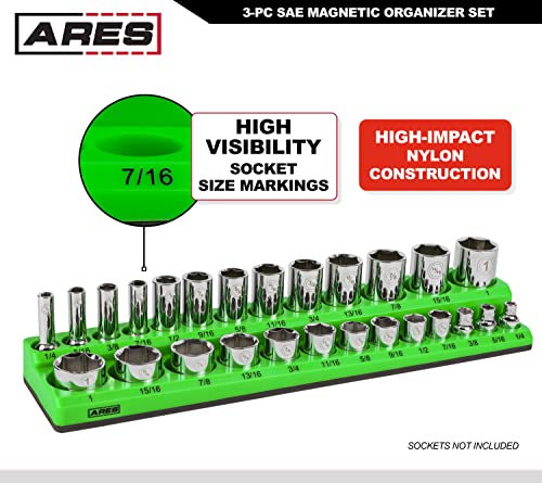 ARES 60037-3-Piece SAE Magnetic Socket Organizers Set - GREEN - Includes 1/4 in, 3/8 in, 1/2 in Socket Holders - Holds 68 Standard (Shallow) and Deep Sockets - Also Available in RED - color: Green (Sae), size: 1/4, 3/8, 1/2-Inch Drive - 3-Piece Set