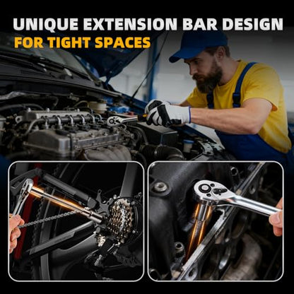 46 Pieces Drive Socket Ratchet Wrench Set, 1/4 inch Metric Socket Set, Ratchet Wrench Set with Quick-Release Ratchet and Extension Bar, Storage Case - Perfect for Auto Repair & Home Use