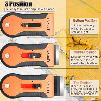 REXBETI Razor Blade Scraper Tool, 4 Pack Razor Scraper Set with Extra 120Pcs Razor Blades- 40Pcs Metal and 80Pcs Plastic Blades, Cleaning Scraper Tool, Cooktop Scraper, Paint Scraper, Glass Scraper - style: Original 4 Pack