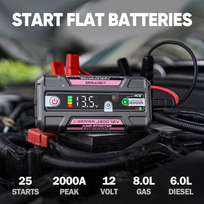 LOKITHOR J400 Jump Starter - 12V 2000A Lithium Battery Jump Pack, Portable Jump Box, Car Starter, Jumper Cables - for Up to 8.0L Gas & 6.0L Diesel Engines | ConnectMax Tech - Smart Digital Display - color: Pink
