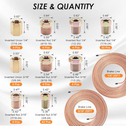 3/16Inch + 1/4 Inch Brake Line Repair Kit, 2 Set 25FT 3/16 1/4 Brake Line with 102Pcs Fittings (Includes 8 Unions) and Double & Single Brake Line Flaring Tool Kit & Brake Line Bender(Gold) - size: 3/16 + 1/4 Inch Gold, style: Brake Line Kit & Tube Bender