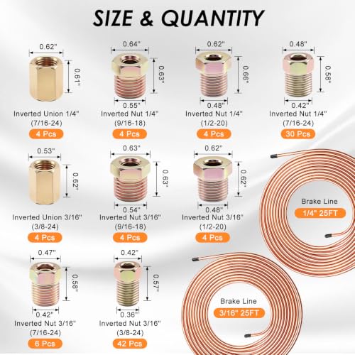 3/16Inch + 1/4 Inch Brake Line Repair Kit, 2 Set 25FT 3/16 1/4 Brake Line with 102Pcs Fittings (Includes 8 Unions) and Double & Single Brake Line Flaring Tool Kit & Brake Line Bender(Gold) - size: 3/16 + 1/4 Inch Gold, style: Brake Line Kit & Tube Bender