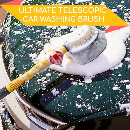 Rotating Car Wash Brush with Soap Dispenser & Hose Attachment Soft Bristle Car Spin Mop Washing Scrub Brush with Long Handle Water Flow Through High Pressure Car Cleaning Brush Kit Car Wash Hose