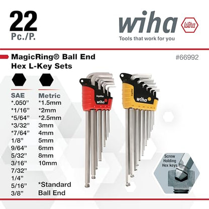 Wiha 66992 MagicRing Ball End Hex L-Key Set, 22 Piece, Inch and Metric | Free-Hand Grip, Hardened Tool Steel