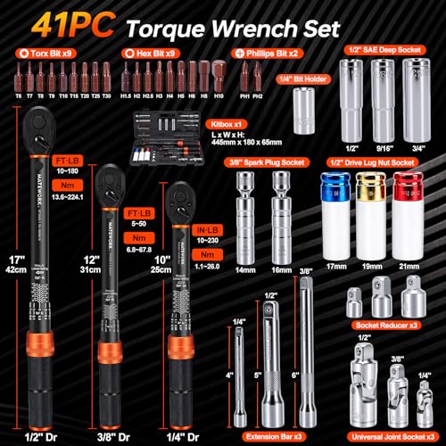 41PCS Torque Wrench Set 1/4 3/8 1/2-Inch Drive, Complete Click Torque Wrench Kit with Sockets, Bits, Extension Bars & Adapters, ±3% Accuracy 72-Tooth Dual-Scale Wrenches for Bike, Moto, Car, Truck - size: 1/2 3/8 1/4-inch (41pcs)