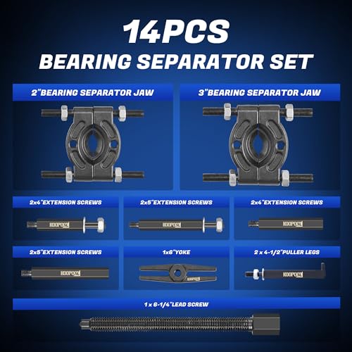 KOOPOOL Bearing Puller and Splitter Kit, Separator and Puller Set, Pinion Bearing Puller and Wheel Removal Tool, 5 Ton Capacity Bearing Separator with 2’’ and 3’’ Bearing Separator Jaws, 14Pcs (Blue) - color: BLUE