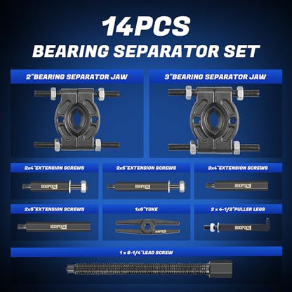 KOOPOOL Bearing Puller and Splitter Kit, Separator and Puller Set, Pinion Bearing Puller and Wheel Removal Tool, 5 Ton Capacity Bearing Separator with 2’’ and 3’’ Bearing Separator Jaws, 14Pcs (Blue) - color: BLUE
