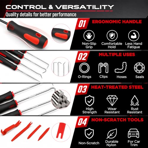 15PCS Pick and Hook Tool Set with Magnetic Pickup Tool, Trim Removal Tools, Fastener Remover and Storage Bag, Precision Hook and Pick Set for O-Ring, Gasket, Seal, Hose Removal and Automotive Repair - color: 15PCS Pick & Trim Removal Kit