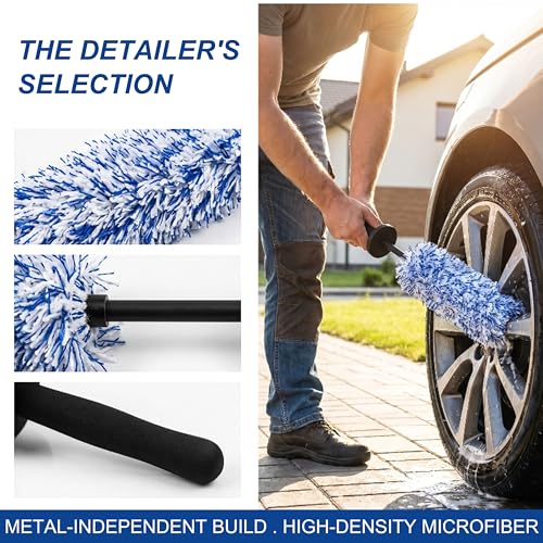Wheel Barrel Brush, 2026 New Car Wheel Cleaner Brushs Long Handle Microfiber Wheel, Non Scratch Car Detailing Brush for Rim Cleaning and Car Detailing (Black+Blue) - color: 2Pcs Black+Blue