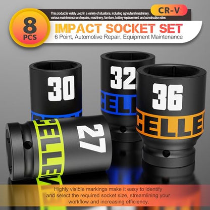 8 Piece 3/4-Inch Drive Impact Socket Set, 26-38mm Jumbo Sockets, Metric Alxe Nut Sockets for Automotive Repair, Equipment Maintenance - size: 3/4 Inch Metric Axle