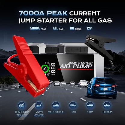 7000A Car Jump Starter with Air Compressor, 35000mAh Portable Car Battery Charger, Jump Starter Battery Pack (All Gas/10.0L Diesel), 150PSI Tire Inflator, 70 Starts 12V Auto Battery Booster - color: Black
