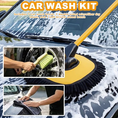 Car Wash Mop with Long Handle 15° Curved Extension Microfiber Scratch-Free Car Wash Brush with 1300GSM Thickened Drying Towel & Soft Bristle Tire Brush Complete Car Wash Kit (Yellow & Black) - color: Yellow & Black
