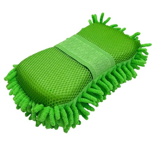 Microfiber Car Wash Sponge, Scratch-Free Vehicle Washing Mitt with Chenille & Mesh Sides, Highly Absorbent Sponge Lint-Free Cleaning Tool for Car Washing & Detailing (Green) - color: Green