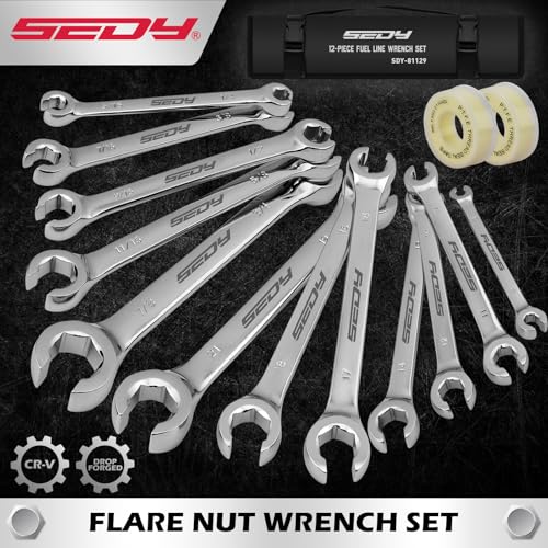 SEDY 14-Piece Flare Nut Wrench Set with PTFE Tape, Metric & SAE Brake Line Wrench Offset 1/4"-7/8"& 9-21mm Set Double Open End with Organizer Pouch for Repairing and Removing Nuts - style: 14-Pc MM/SAE + 2 Tape (Flare)