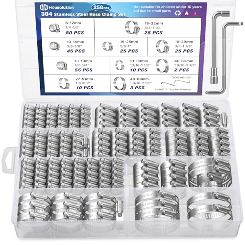 Housolution 250 PCS Pipe Clamps from 1/4" to 2.5" (6-63mm), Hose Clamps Stainless Steel with Hose Clamp Tool, For Fuel Line, Garden, Plumbing, Automotive, Radiator, Mechanical Applications - style: Hose Clamps