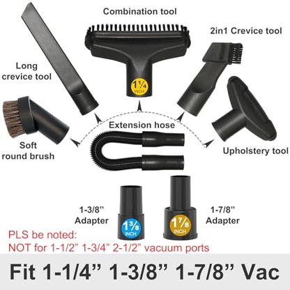 1-7/8" Wet Dry Vacuum Attachment Kit for Shop Vac, Dusting Brush Extension Hose Crevice Tool and Adapters, Compatible with Shop Vac Rigid Craftsman Vacmaster More 1 7/8" 1-3/8" 1-1/4" Vac Hoses