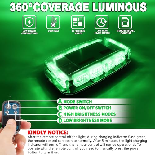 Rechargeable Emergency Roof Top Strobe Light Wireless Battery, 48LED 17 Flashing Modes,High Low Brightness,Hazard Traffic Lights w/Magnetic Base, Remote Control for Construction Vehicles (Green) - color: Green