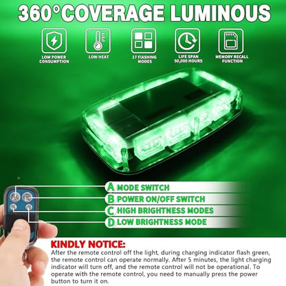 Rechargeable Emergency Roof Top Strobe Light Wireless Battery, 48LED 17 Flashing Modes,High Low Brightness,Hazard Traffic Lights w/Magnetic Base, Remote Control for Construction Vehicles (Green) - color: Green