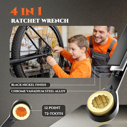 SUZUME 6PCS 4 in 1 Ratchet Wrench Metric (8-19mm) SAE (1/4"-3/4") | Reversible Ratcheting Bouble Box End 72-Tooth CR-V Auto Motorcycle Bicycle Industrial and Mechanical Repair with Storage Bag - size: Metric & SAE