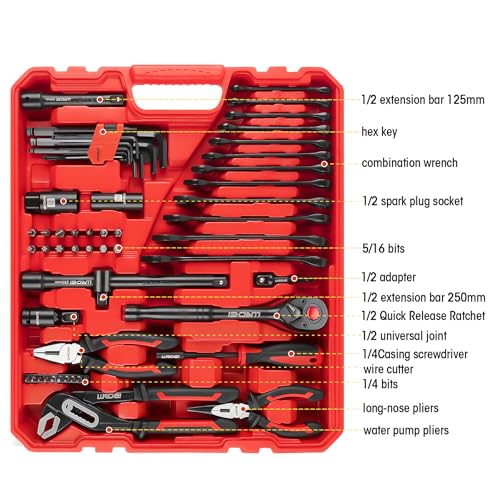 LLNDEI 112 Piece Ratchet Wrench Tool Set 1/2" Drive with SAE and Metric 6/12 Point Sockets Set, Mechanic Tool Kit with Bits, Combination Wrench universal joint adapter - color: 112 Pcs 1/2" Drive Sockets Set 6/12 Point