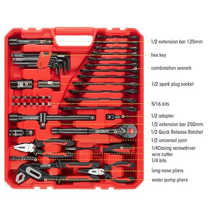 LLNDEI 112 Piece Ratchet Wrench Tool Set 1/2" Drive with SAE and Metric 6/12 Point Sockets Set, Mechanic Tool Kit with Bits, Combination Wrench universal joint adapter - color: 112 Pcs 1/2" Drive Sockets Set 6/12 Point