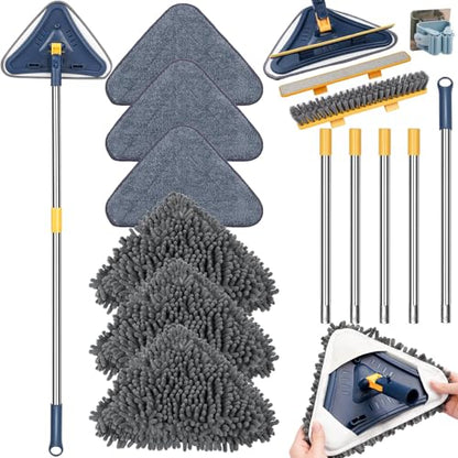 Wall Cleaner Mop, 80" Long Handle, 360° Ceiling Cleaning Tool | 5-in-1 Triangle Wall Mop for Painted Walls, Drywall, Baseboard, with Chenille Microfiber (6 Replacement Pad) Brush Scraper