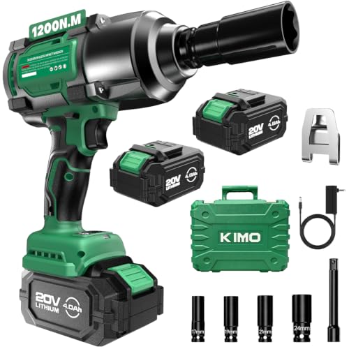 KIMO Impact Wrench 1/2 Inch, 890Ft-Lbs(1200N.m), 4000RPM/2900IPM Brushless Motor High Torque Impact Driver w/Battery, 3 Modes, Variable Speeds, LED Light, Cordless Impact Gun for Car/Truck, 2x4.0Ah - size: 2x4.0Ah