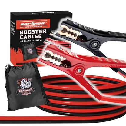 Cartman 6 Gauge 16 ft Jumper Cables for Cars and SUVs with Carry Bag | Rubber-Insulated Dual-Grip Clamps, High-Density CCA Core, Cold-Resistant Cable Jacket - size: 16-Feet (6-Gauge)