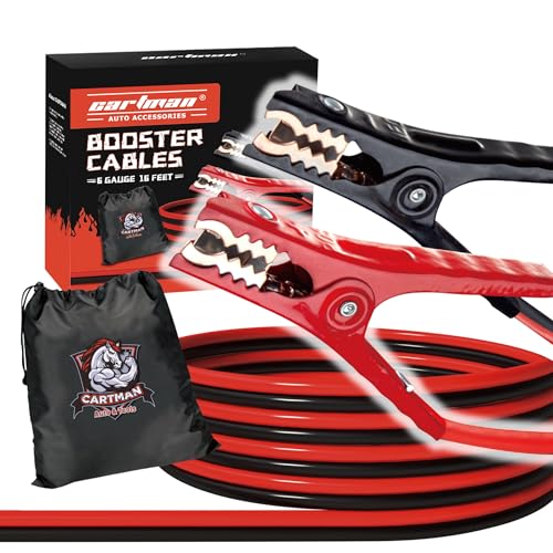 Cartman 6 Gauge 16 ft Jumper Cables for Cars and SUVs with Carry Bag | Rubber-Insulated Dual-Grip Clamps, High-Density CCA Core, Cold-Resistant Cable Jacket - size: 16-Feet (6-Gauge)