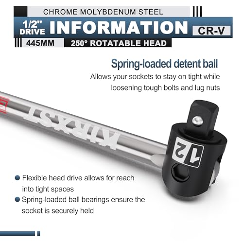 17.5-Inch 1/2” Drive Breaker Bar, Heavy Duty Extension Breaker Bar, 250° Rotatable Head, Premium Chromium Molybdenum Steel, Mechanical Work, Automobile and Motorcycle Maintenance and Repair - size: 1/2" 17.5 in