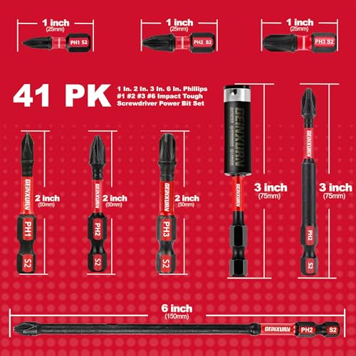 Geinxurn Impact Tough Mixed #1#2#3 Phillips D2 Steel Long Extension Insert Driver Bits, 41Pack 1/4 Inch Hex Shank Long Cross Magnetic PH1/PH2/PH3 Screwdriver Bits Set with 1Pcs Magnetic Bit Holder - size: MIXED-PHD2-41PCS